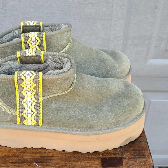 UGG Platform Tsman Braid Ultra Mini Suede shearling Lined Boots size 10 in Olive - Picture 4 of 11